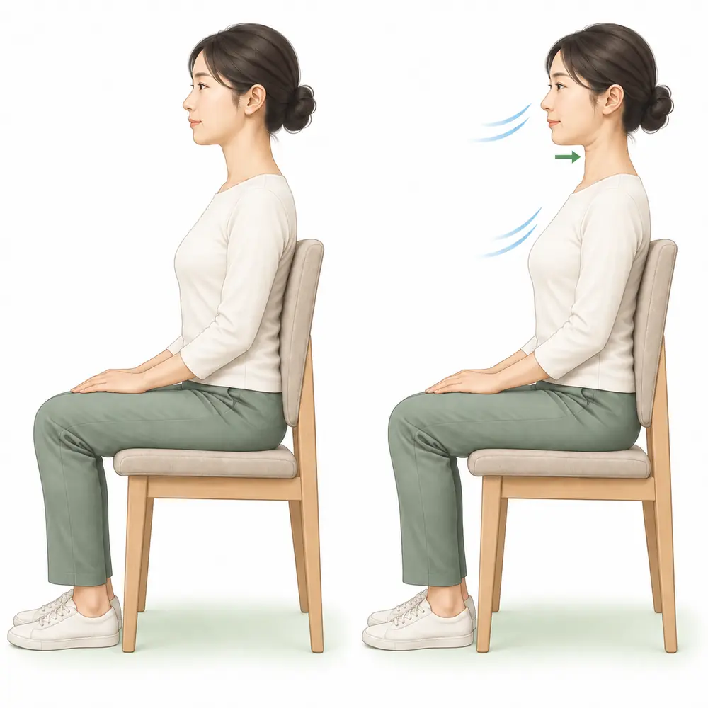 首と肩の力を抜いて呼吸しながら姿勢を整えるイメージ