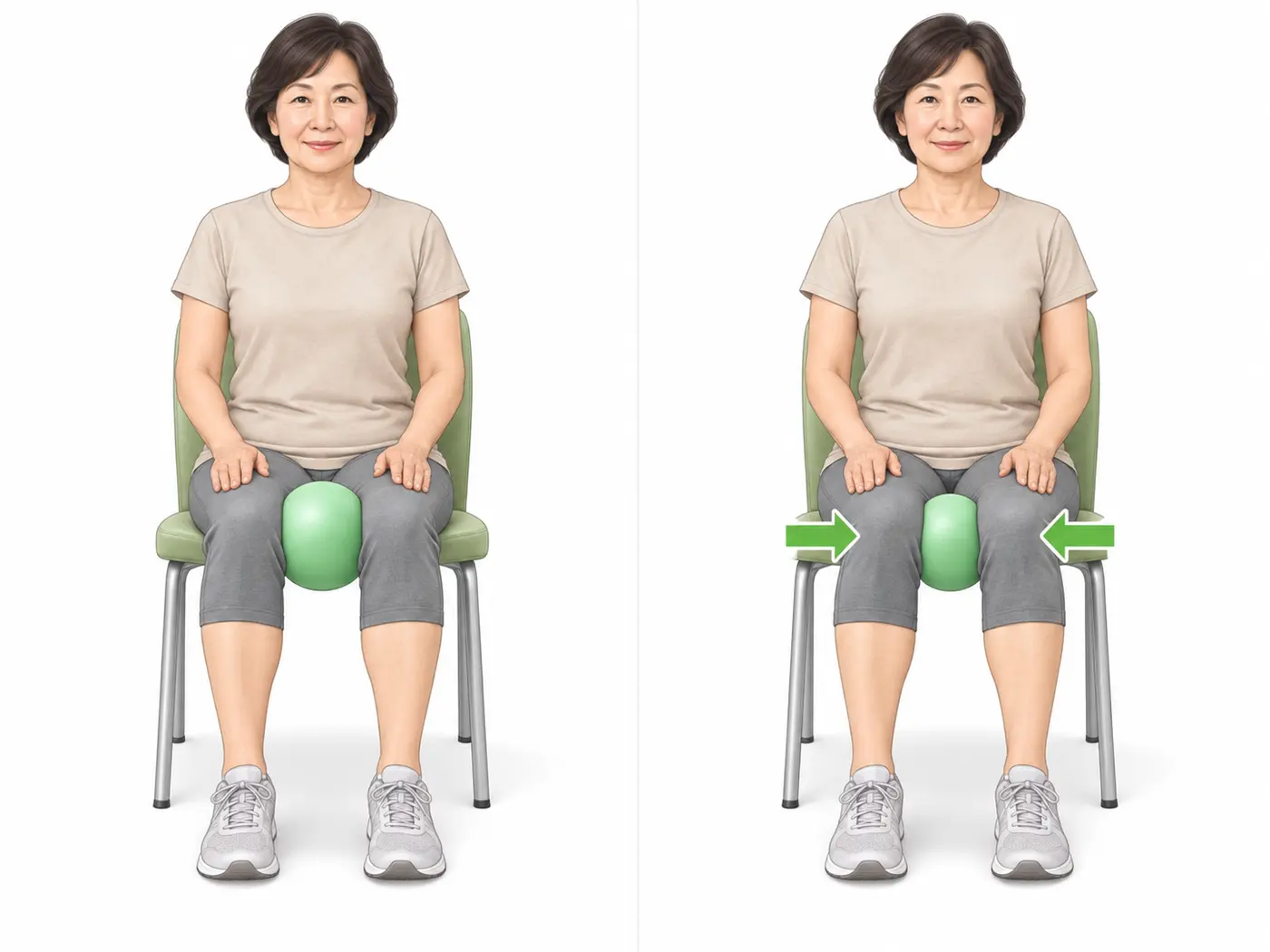 椅子に座り膝の少し上で柔らかいボールを挟む股関節内転筋の等尺性運動