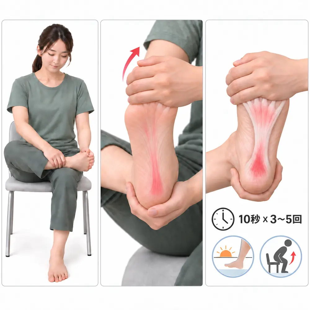 座って足底腱膜をやさしく伸ばすセルフケアのイメージ