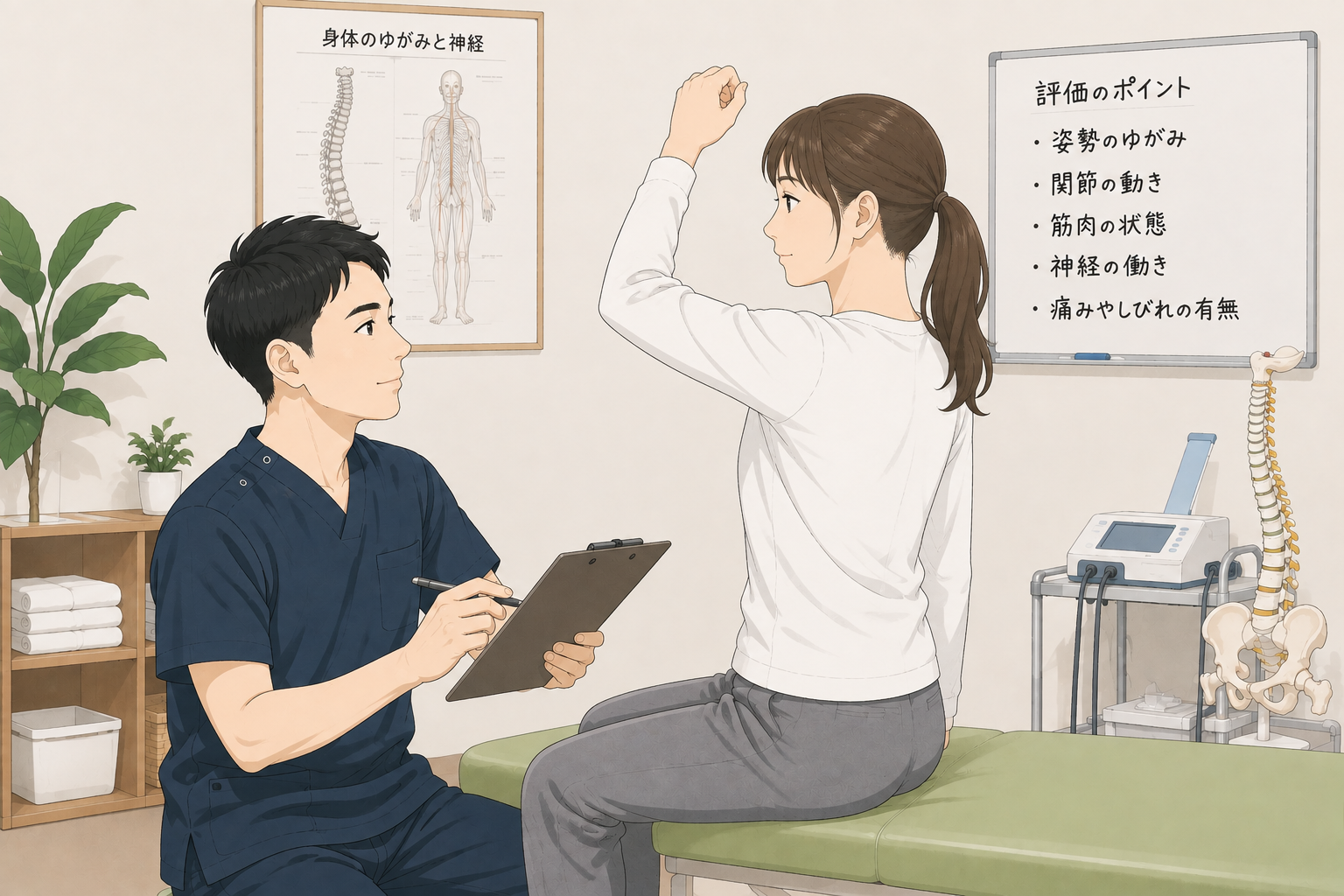 肩の自動運動と他動運動を確認している様子